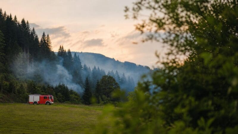 Ein rotes Feuerwehrfahrzeug parkt auf einer Wiese mit Rauch über dem dahinterliegenden Wald.
