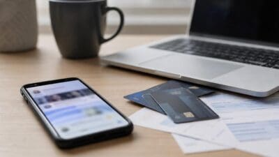Ein Smartphone liegt vor einem Laptop auf einem Schreibtisch mit Kreditkarten und Papieren