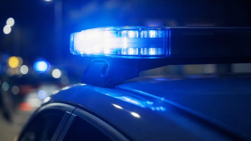 Blaues Blaulicht auf dem Dach eines Polizeifahrzeugs bei Nacht