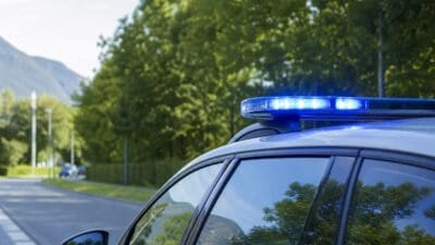 Blaues Blinklicht auf dem Dach eines Polizeifahrzeugs an einer Straße mit Bergen im Hintergrund