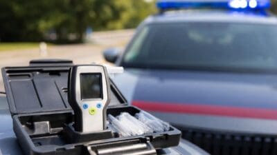 Tragbarer Alkoholtester in geöffnetem Koffer mit Mundstücken auf einem Polizeiauto mit Blaulicht