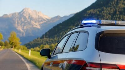 Heck eines Polizeifahrzeugs mit blauem Blaulicht vor einer Berglandschaft