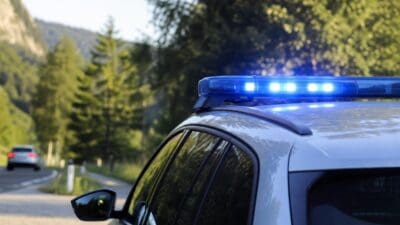 Nahaufnahme eines Polizeifahrzeugs mit blauem Blaulicht auf dem Dach an einer Landstraße