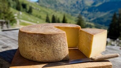 Großer Laib Käse mit herausgeschnittenem Keil und Messer auf Holzbrett vor Berglandschaft