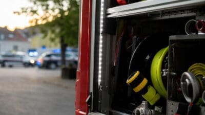Offenes Abteil eines roten Feuerwehrfahrzeugs mit gelben Schläuchen und Ausrüstung bei Dämmerung