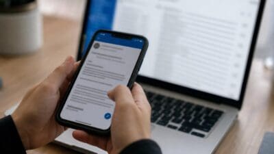Hände halten Smartphone mit geöffneter E-Mail-Ansicht vor Laptop auf Holztisch