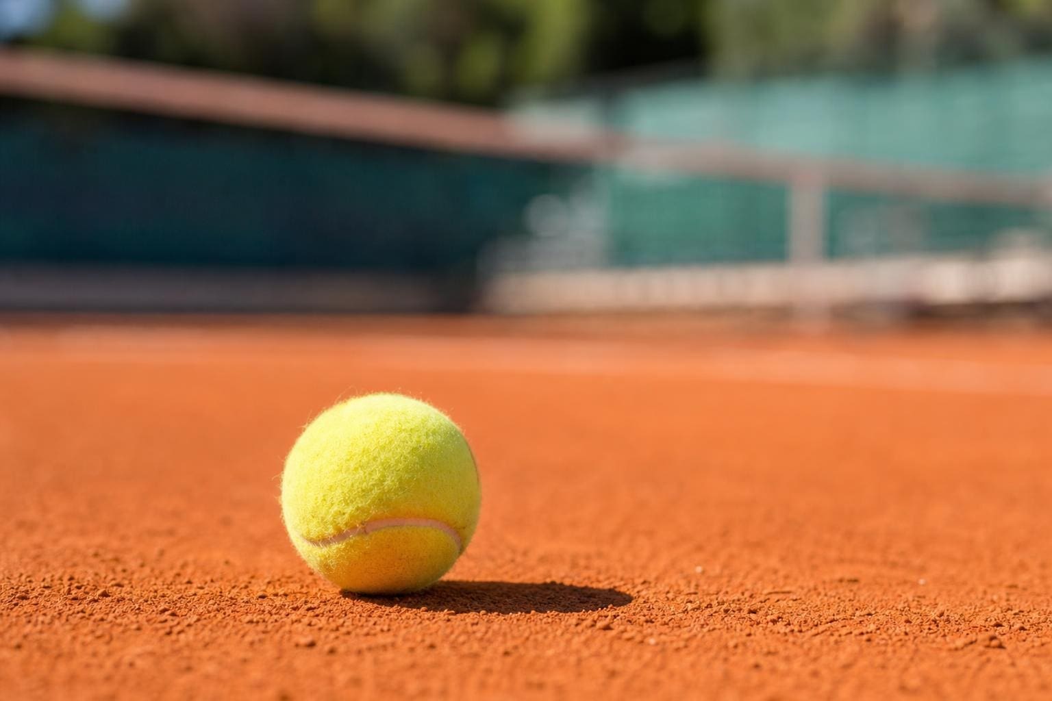 Ein gelber Tennisball liegt auf der Oberfläche eines roten Sandplatzes