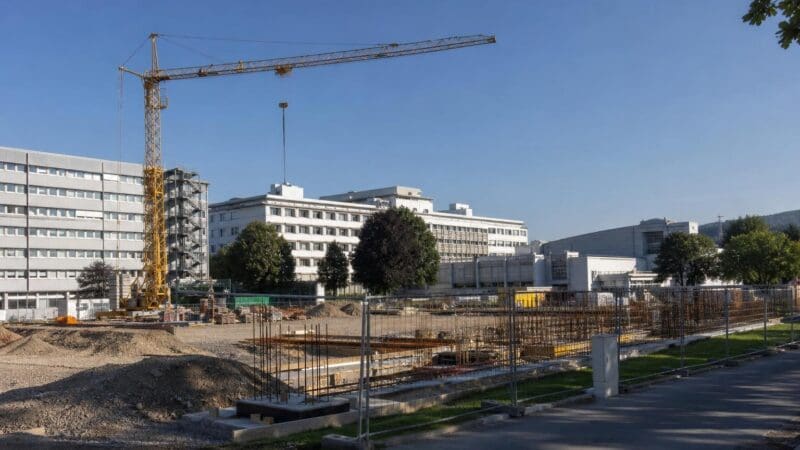 Gelber Baukran steht auf einer Baustelle mit Bewehrungsstäben vor einem mehrstöckigen weißen Gebäude