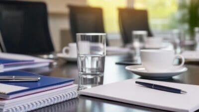 Nahaufnahme eines Konferenztisches mit Notizbüchern, Stiften, einem Wasserglas und Kaffeetassen.