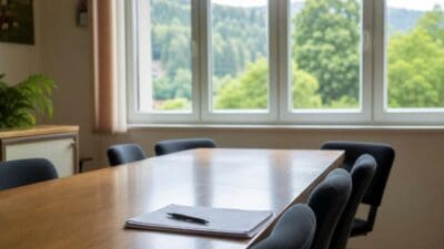 Ein leerer Konferenztisch mit Notizblock und Stift in einem Besprechungsraum mit großen Fenstern und Blick auf bewaldete Hügel
