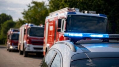 Blaulicht auf einem silbernen Einsatzfahrzeug vor mehreren roten Feuerwehrwagen