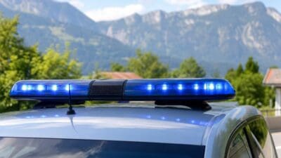 Nahaufnahme des blauen Blaulichts auf dem Dach eines silbernen Polizeifahrzeugs mit Bergen im Hintergrund