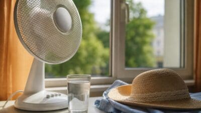 Weißer Ventilator steht neben einem Glas Wasser und einem Strohhut auf einer Fensterbank vor einem geöffneten Fenster