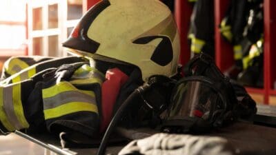 Gelber Feuerwehrhelm mit Visier auf schwarzer Einsatzjacke und Atemschutzgerät in der Wache