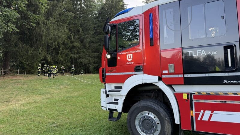 Rotes Löschfahrzeug der Freiwilligen Feuerwehr Gmünd steht auf einer Wiese im Hintergrund Feuerwehrleute vor einem Wald