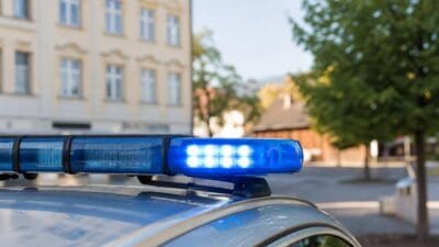 Blaue Polizeileuchte leuchtet auf dem Dach eines silbernen Einsatzfahrzeugs vor städtischer Kulisse