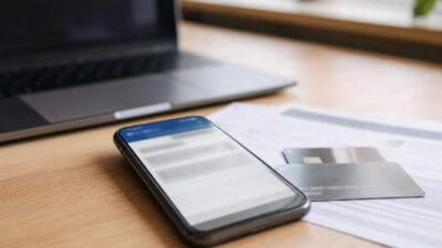 Smartphone mit Chat-Nachrichten auf einem Schreibtisch neben Kreditkarten und Papieren