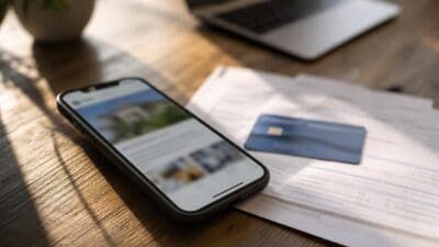Smartphone mit geöffneter App liegt auf Holztisch neben Kreditkarte und Papieren