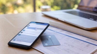 Smartphone mit geöffneter Messaging-App neben Kreditkarte und Papieren auf Holztisch vor Laptop