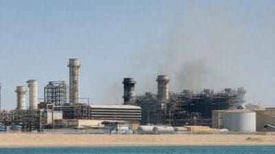 Industrieanlage mit Schornsteinen und Rauchwolken hinter einem Sandstreifen am Meer