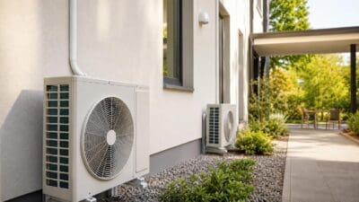 Weiße Außeneinheit einer Klimaanlage an der Fassade eines Gebäudes mit Kiesbeet und Pflanzen.