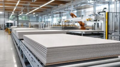 Gestapelte helle Platten auf Rollenbahnen in moderner Fabrikhalle mit Industrieroboter