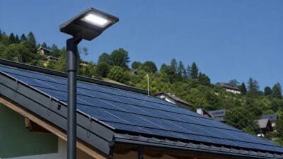 LED-Straßenlaterne vor Photovoltaikmodulen auf einem Hausdach und bewaldeter Hügellandschaft