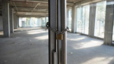 Mit Kette und Vorhängeschloss gesicherte Tür in leerem Betongebäude