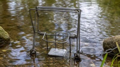 Metallene Falle mit Kette steht im flachen Wasser eines Baches auf Kieseln