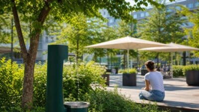 Grüner Trinkbrunnen mit fließendem Wasser in einem Park mit Bäumen und Sitzgelegenheiten