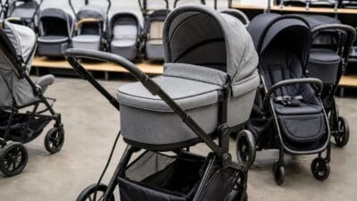 Grauer Kinderwagen im Vordergrund eines Ladens mit zahlreichen weiteren Modellen im Hintergrund.