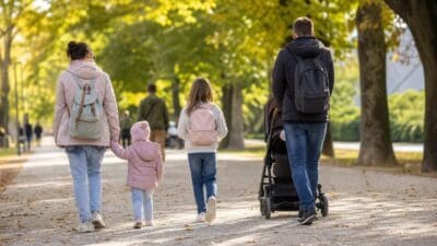 Eine Familie mit zwei Kindern und einem Kinderwagen geht einen Weg in einem herbstlichen Park entlang.