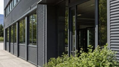 Eingang eines modernen grauen Gebäudes mit Glasfenstern und Türen sowie Büschen davor