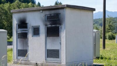 Graue Trafostation mit schwarzen Rußspuren an Dach und Wänden
