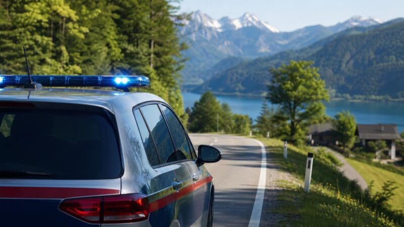 Polizeifahrzeug mit aktiviertem Blaulicht auf einer Straße vor Bergen und einem See