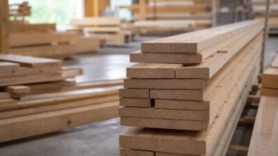 Gestapelte helle Lärchenholz-Balken in einer leeren Produktionshalle