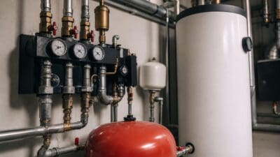 Detail einer Heizungsanlage mit silbernen Rohren, Manometern, Ventilen, einem roten Ausdehnungsgefäß und einem weißen Boiler.