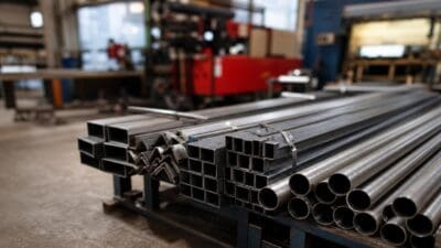 Gestapelte runde und quadratische Metallrohre auf einer Palette in einer Werkhalle