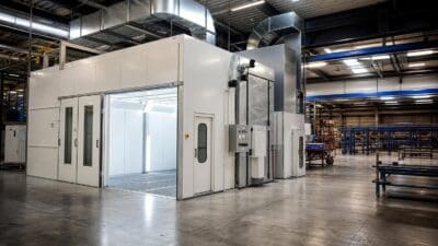 Große weiße Lackierkabine mit geöffneten Türen und Abluftanlage in einer Fabrikhalle