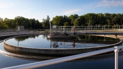 Rundes Klärbecken einer Abwasseranlage mit ruhiger Wasseroberfläche und Geländern