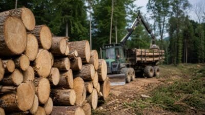 Stapel von gefällten Baumstämmen im Vordergrund und eine grüne Forstmaschine auf einem Waldweg