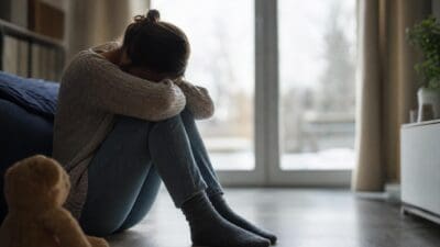 Eine Frau sitzt mit dem Kopf in den Händen auf dem Boden, neben ihr liegt ein Teddybär.