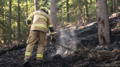 Feuerwehrmann in gelber Schutzkleidung gräbt rauchenden Waldboden mit Werkzeug um