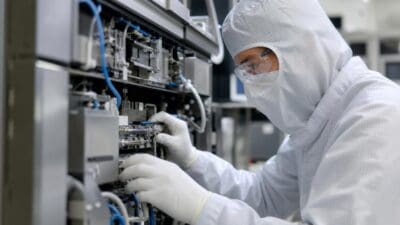 Mitarbeiter in weißem Reinraumanzug mit Schutzbrille bedient Halbleiteranlage mit Kabeln und Bauteilen