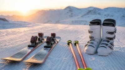 Skier, Skischuhe und Stöcke stecken im Schnee vor schneebedeckten Bergen bei Abendsonne