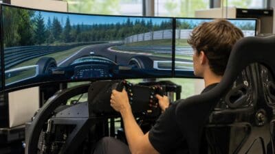 Junger Mann bedient Lenkrad eines Rennsimulators vor drei großen Monitoren mit Rennstrecke