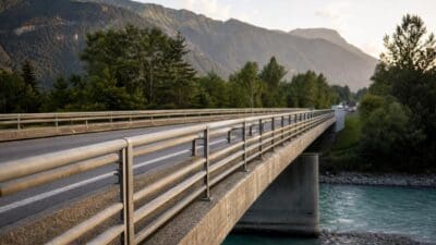 Betonbrücke mit Metallgeländern über einem türkisfarbenen Fluss vor bewaldeten Bergen in Lechaschau