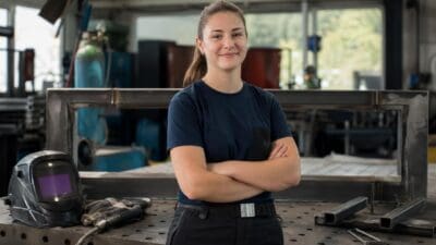 Magdalena Kern mit verschränkten Armen in einer Metallwerkstatt in Ginzling