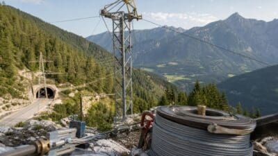 Kabeltrommel und Strommast vor dem Süportal des Fernpasstunnels in den Bergen