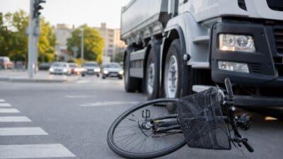Ein umgestürztes Fahrrad liegt vor einem weißen Lkw auf einer Straße an einer Kreuzung.